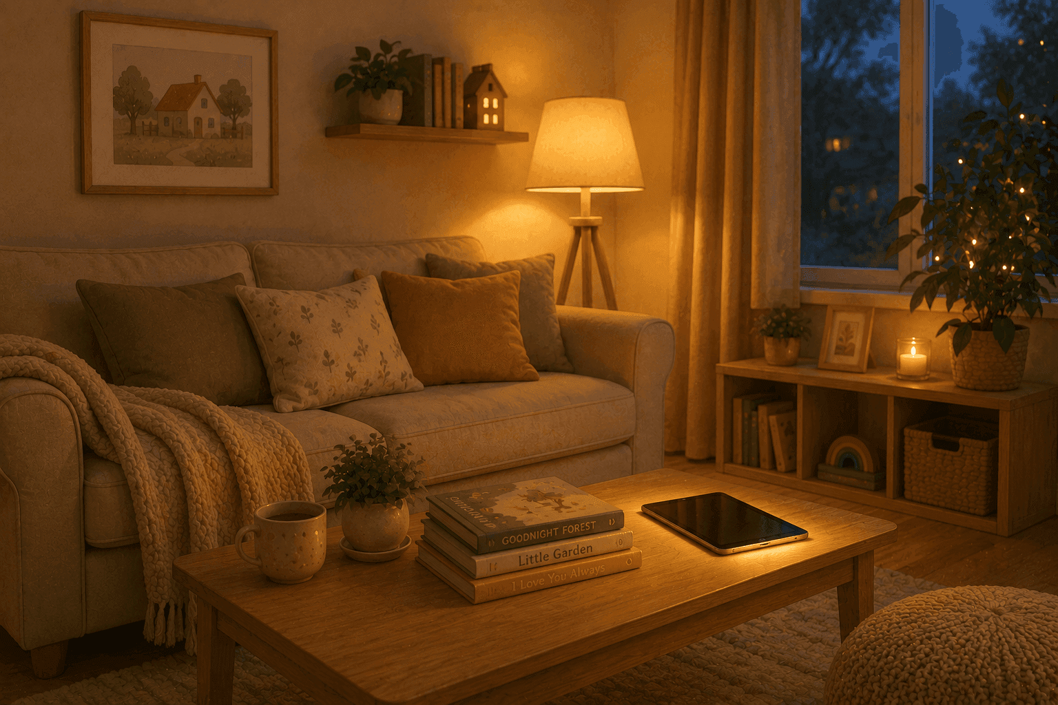 Cozy evening living room with books, blanket, and a tablet resting quietly