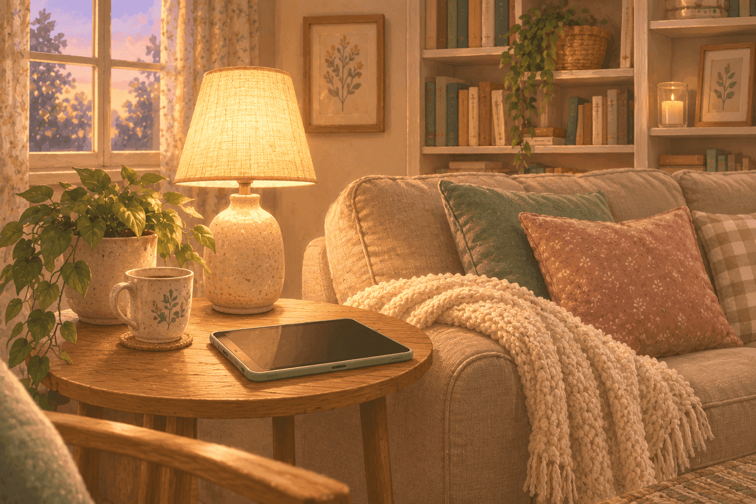 Calm family evening scene with a tablet resting on a side table