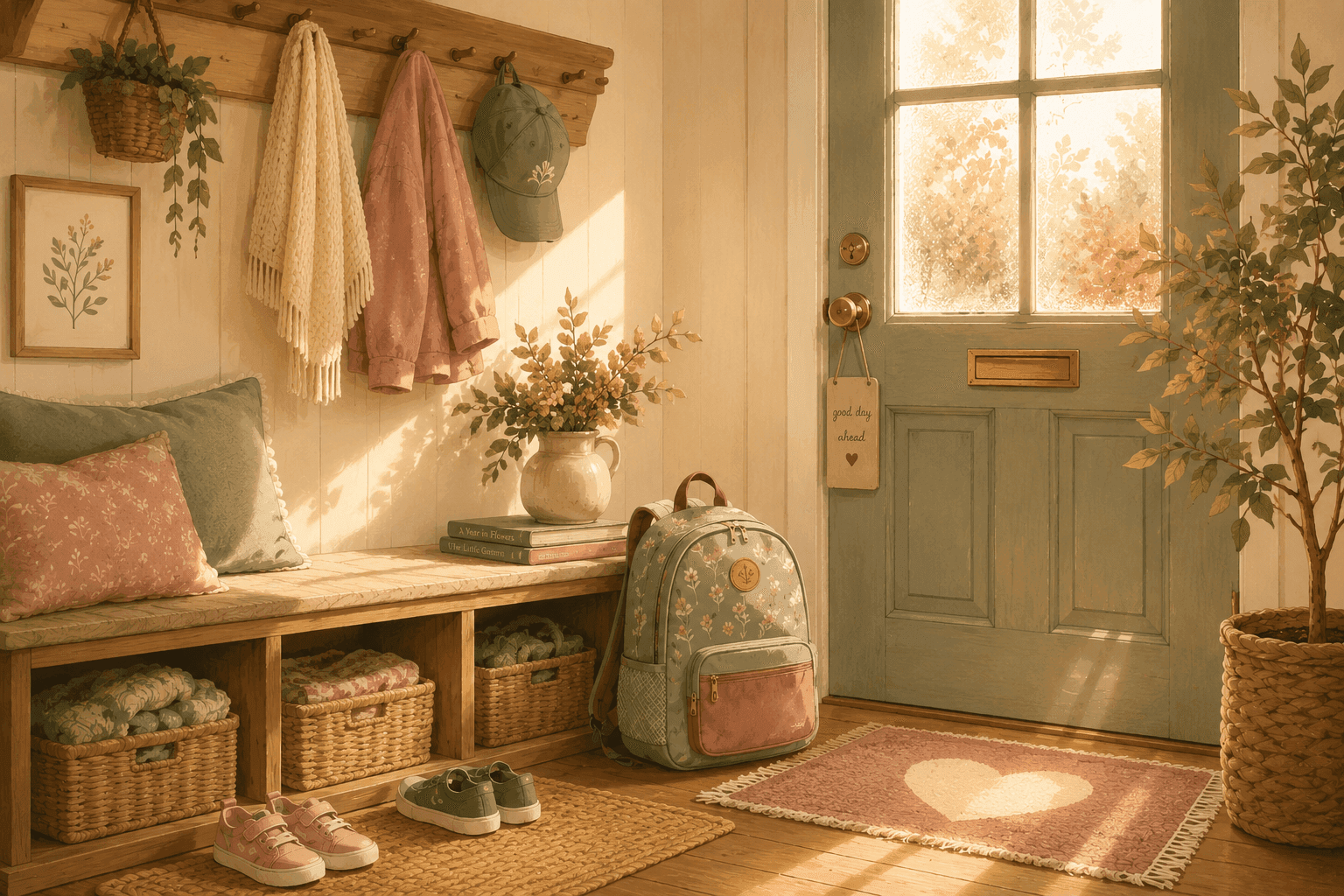 Cozy home entryway with a child arriving home from school