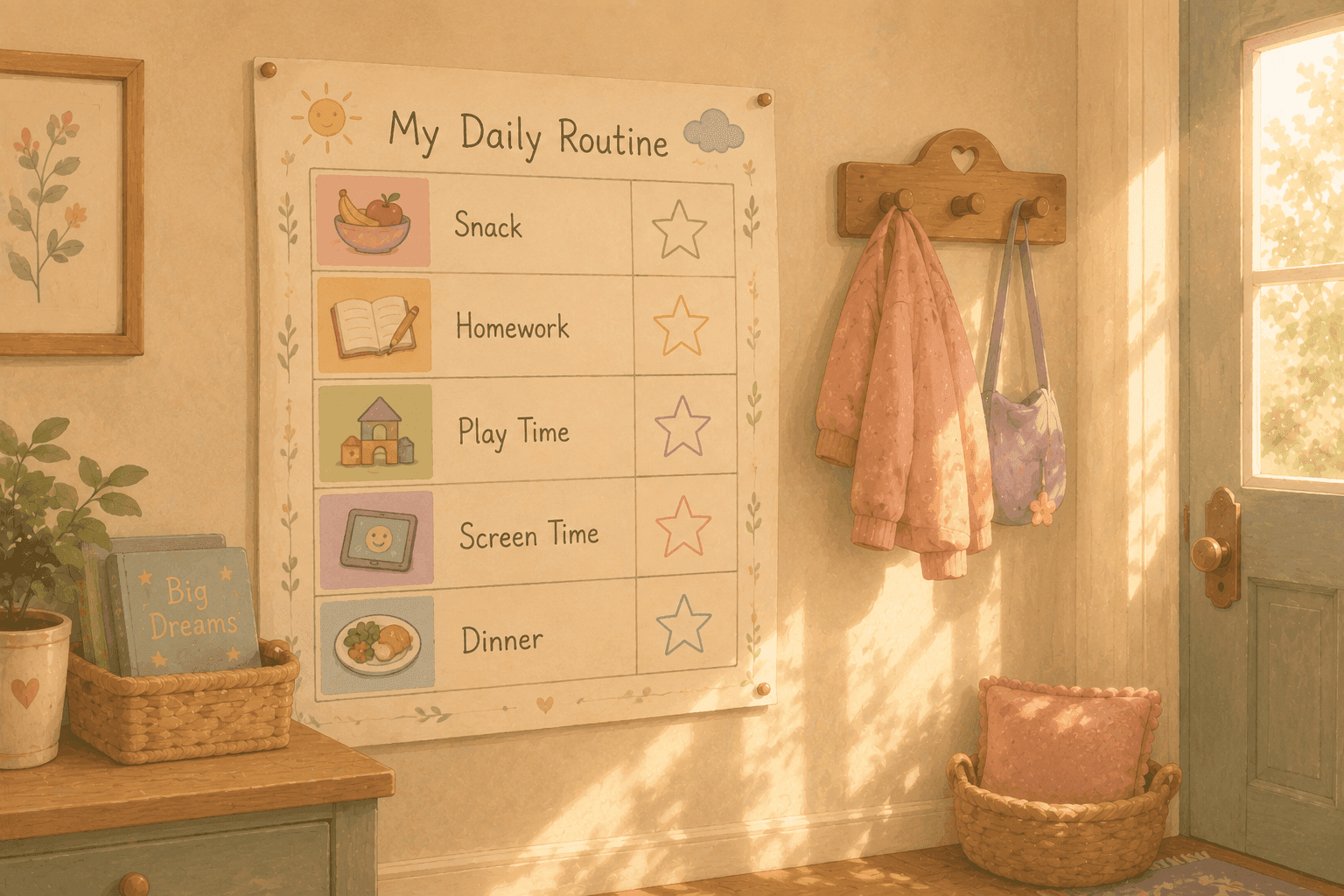 Illustrated after-school routine chart displayed on a hallway wall