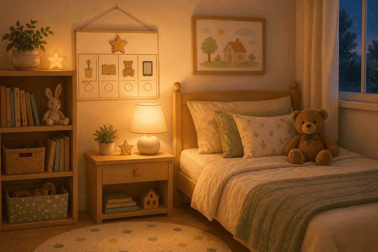 Peaceful child's bedroom with a glowing evening lamp and habit chart