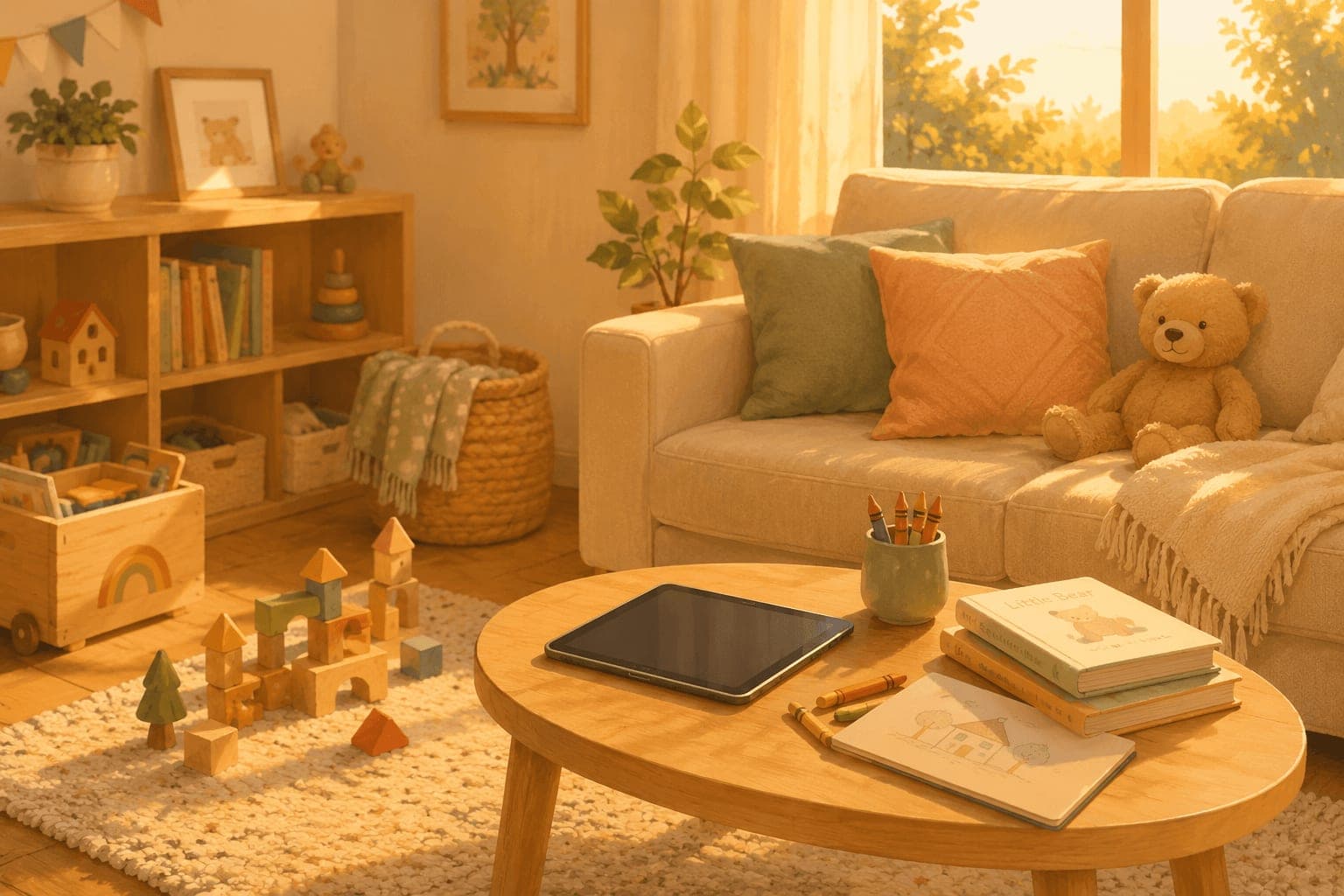 Cozy storybook-style living room at golden hour