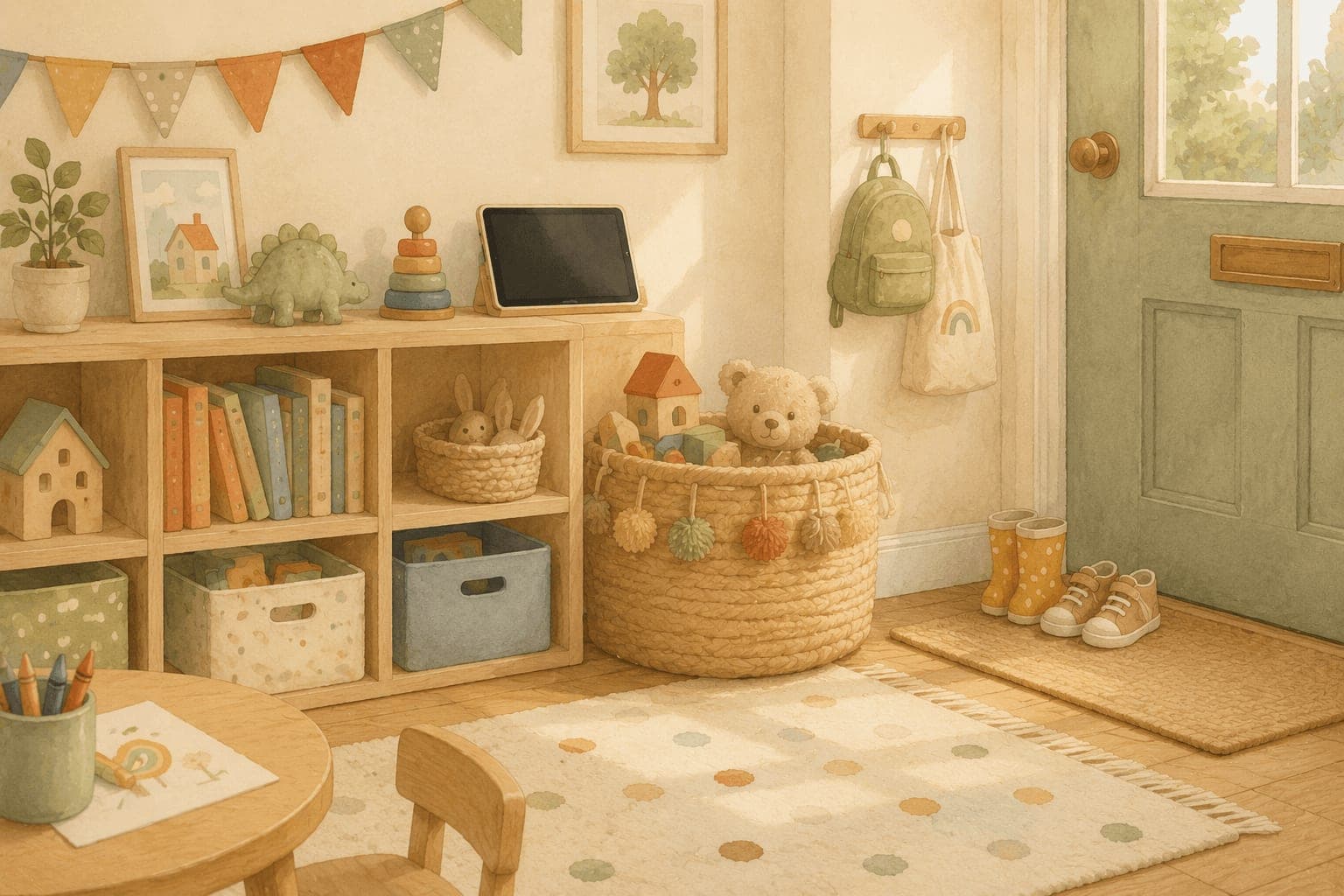 Beautiful playroom with toys neatly stored and a tablet waiting on a shelf