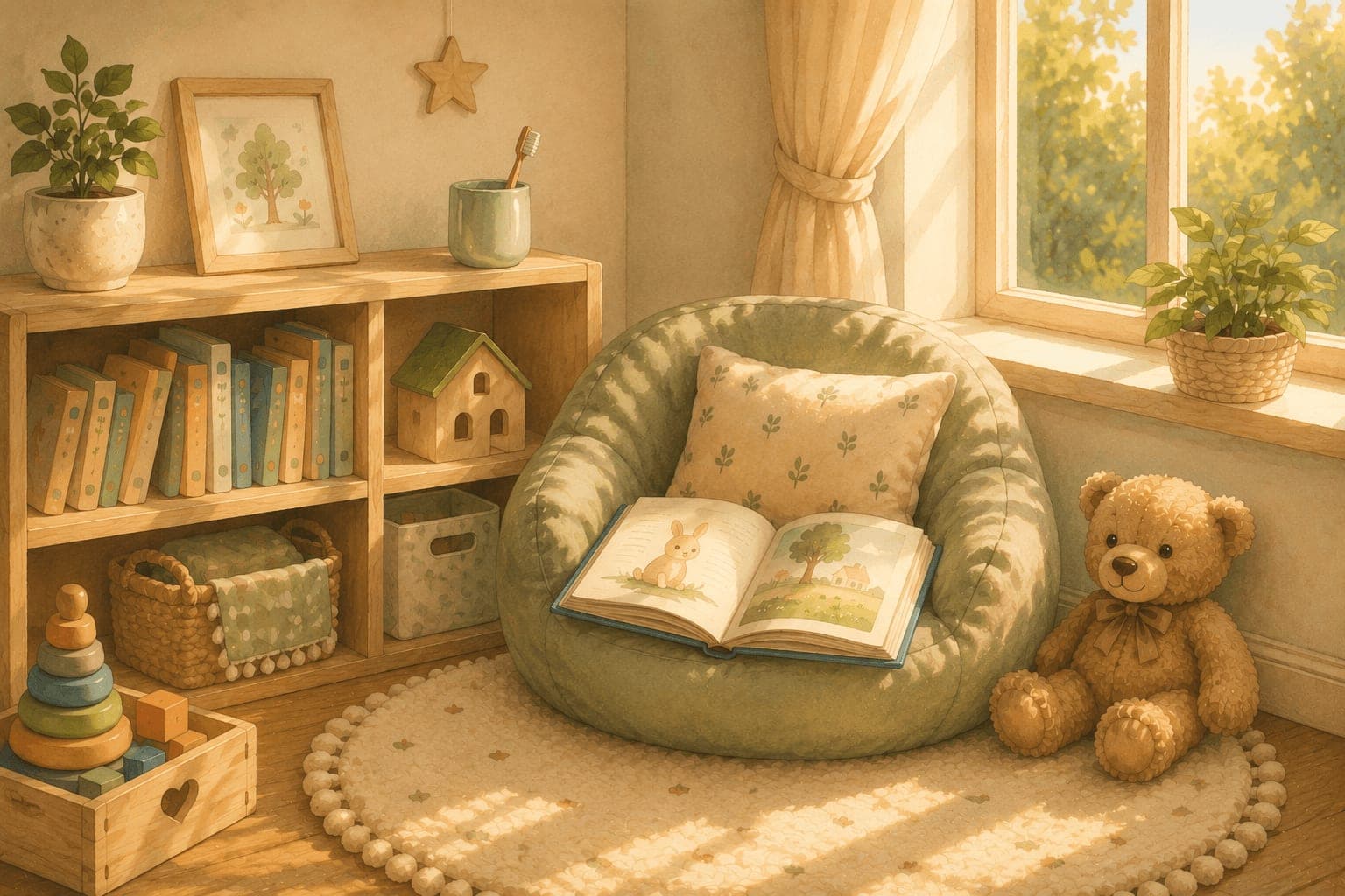 Cozy reading corner with books, teddy bear, toothbrush, and organized toys