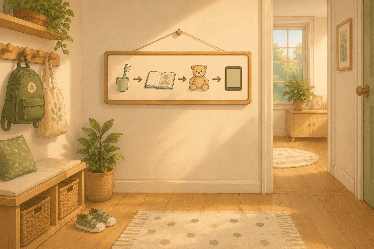 Hallway with an illustrated routine board