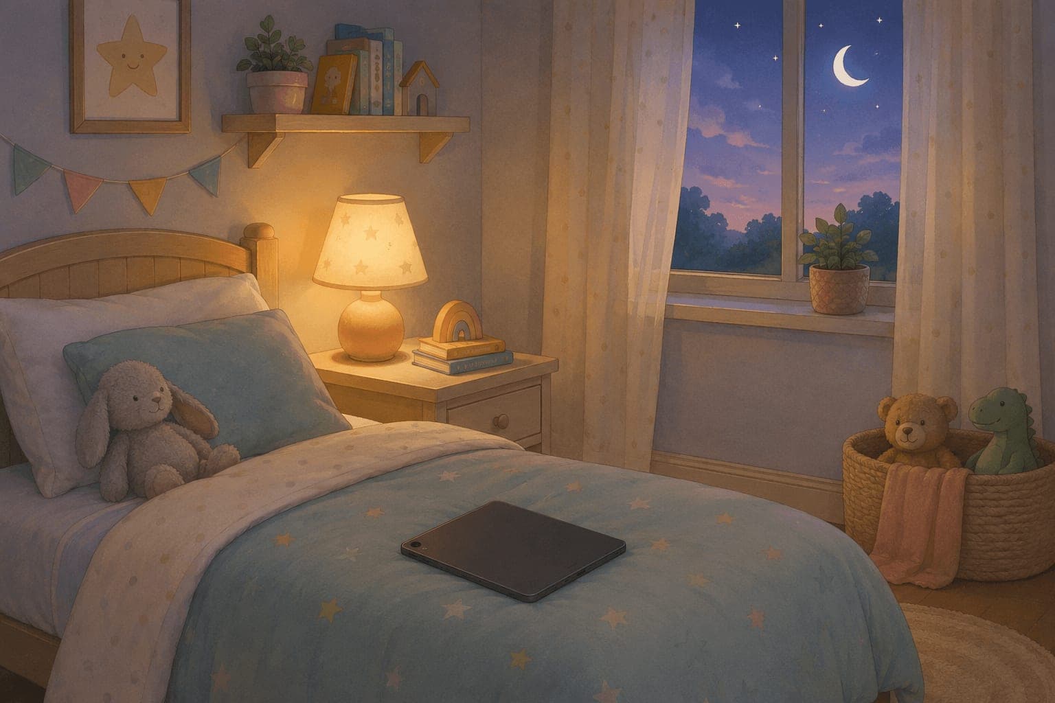 Cozy child's bedroom at dusk with a tablet lying face-down on the bed